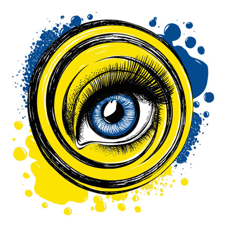 Discover a captivating hand-drawn illustration of a blue eye within a vibrant circular design, enhanced by abstract color splashes. Ideal for creative projects.のイラスト素材