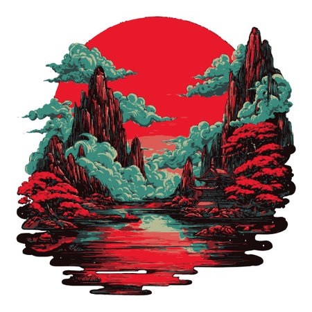 A stunning illustration showcasing majestic silhouettes of mountains and trees against a vibrant red background. This artwork captures the essence of nature's beauty.のイラスト素材