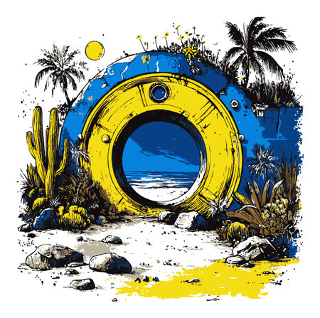 Vibrant hand-drawn illustration of a tropical landscape featuring an abstract circular frame. A perfect mix of nature and creativity for artistic projects.のイラスト素材