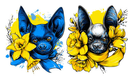 This vibrant hand-drawn illustration features two unique cartoon-style dogs, one blue and one black, adorned with cheerful yellow daffodils.のイラスト素材