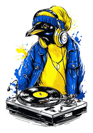 Vibrant hand-drawn illustration featuring a stylish bird DJ mixing on turntables. Captures the essence of music culture with a playful twist.のイラスト素材