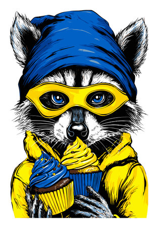 Charming hand-drawn illustration of a raccoon in a hoodie holding cupcakes, blending playful colors of blue and yellow for a delightful whimsical vibe.のイラスト素材