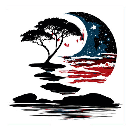 A captivating illustration of a silhouette tree against a starry night sky, featuring abstract waves. This artistic piece evokes peace and tranquility in nature.のイラスト素材