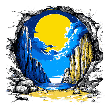 This hand-drawn abstract illustration captures a coastal landscape bathed in sunlight, featuring dramatic rocks and a vibrant blue sky. Perfect for creative projects.のイラスト素材