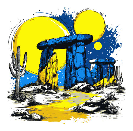 A vibrant hand-drawn illustration featuring abstract stone monuments in a colorful landscape. The scene depicts a whimsical blend of nature and artistic elements.のイラスト素材