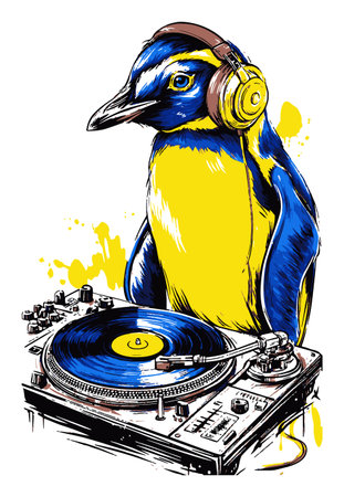 A vibrant and playful hand-drawn illustration of a bird wearing headphones and DJing. This unique artwork blends color and creativity, perfect for music lovers.のイラスト素材