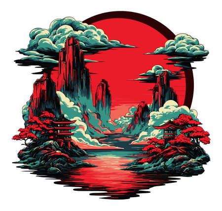 A vibrant illustration showcasing a dramatic landscape with stylized mountains, clouds, and traditional structures. Perfect for artistic projects or decor.のイラスト素材