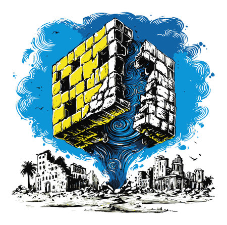 This dazzling hand-drawn abstract illustration showcases a floating cube surrounded by urban destruction, blending vivid colors and dynamic shapes in a surreal setting.のイラスト素材