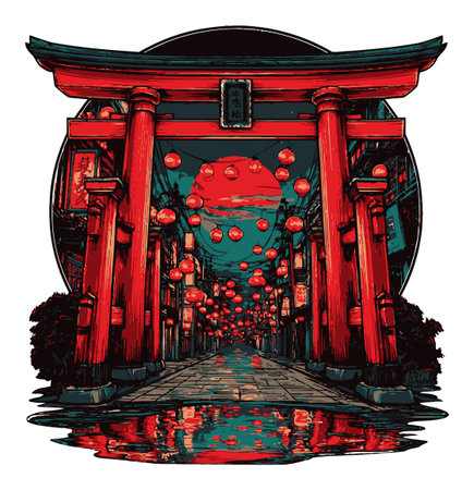Captivating illustration features a striking red torii gate surrounded by glowing lanterns, reflecting a serene night scene filled with cultural elements and artistic flair.のイラスト素材