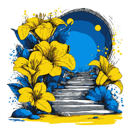 Hand-drawn illustration featuring vibrant yellow flowers and blue elements. This abstract artwork captures beauty and creativity, perfect for decorative use.のイラスト素材