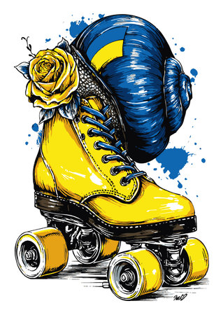 A vibrant hand-drawn illustration featuring a colorful roller skate adorned with a floral design. Perfect for sports and artistic inspiration.のイラスト素材