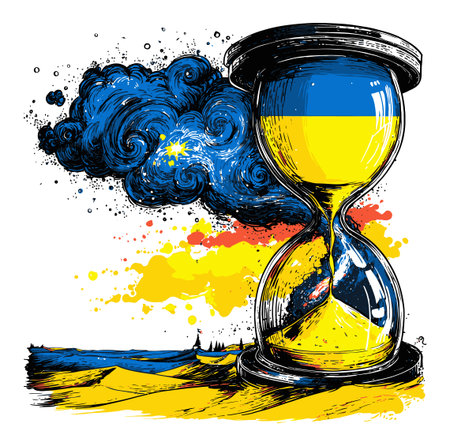 This hand-drawn abstract illustration features an hourglass surrounded by dynamic cloud elements, symbolizing the flow of time against a vivid background.のイラスト素材