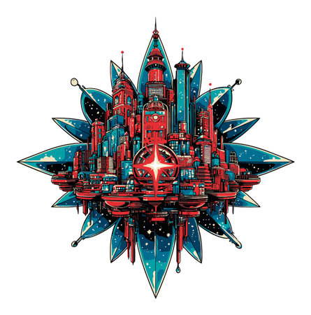 Discover a vibrant city silhouette illustration featuring a futuristic skyline, geometric patterns, and bright colors. Perfect for art projects and creative designs.のイラスト素材