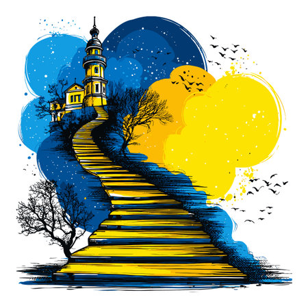 This hand-drawn abstract illustration features a lighthouse atop a hill, surrounded by vibrant colors. The detailed steps and trees create a serene and whimsical atmosphere.のイラスト素材