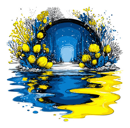 Explore a vibrant hand-drawn abstract illustration featuring colorful nature elements reflected in serene water, blending artistic creativity with tranquility.のイラスト素材