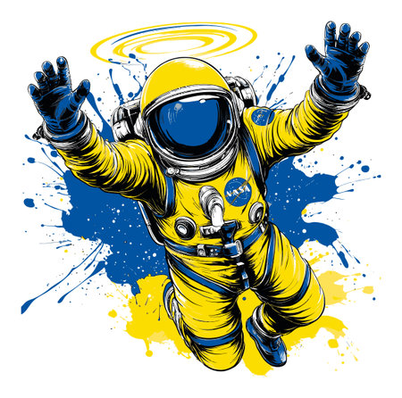 Dynamic hand-drawn abstract illustration featuring a joyful astronaut in a yellow suit, with splashes of blue and yellow paint, embodying the spirit of space exploration.のイラスト素材