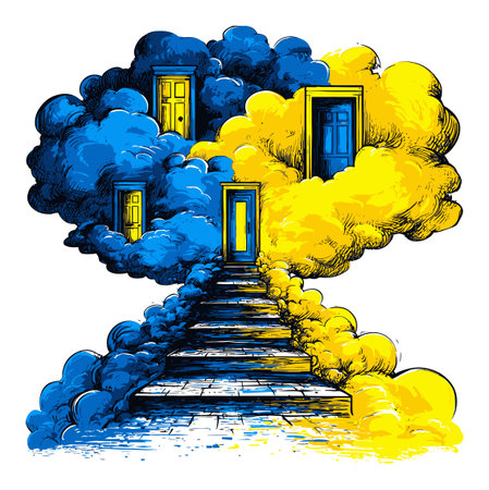Vibrant hand-drawn abstract illustration of colorful clouds and doors leading up a staircase, evoking themes of exploration and imagination. Perfect for creative projects.のイラスト素材