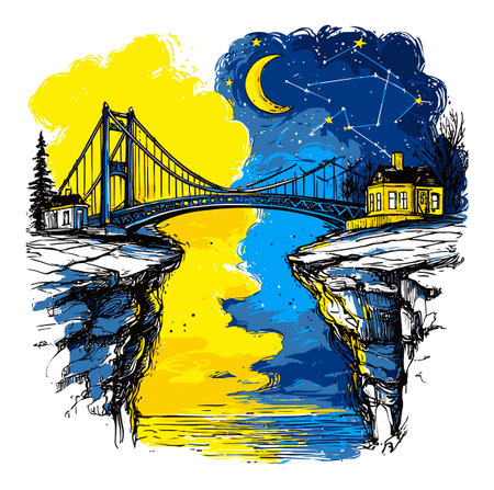 This hand-drawn illustration depicts a colorful bridge crossing a peaceful landscape with a starry night sky, moon, and a tranquil river reflecting vibrant colors.のイラスト素材