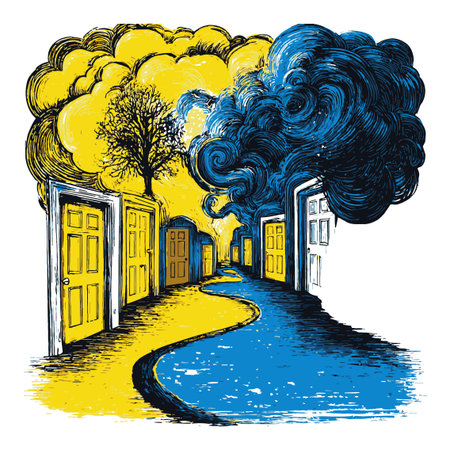 This vibrant abstract illustration features hand-drawn clouds and doorways leading down a whimsical pathway, symbolizing a journey of emotions and creativity.のイラスト素材