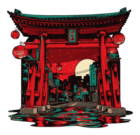 This vibrant illustration features a Japanese-style gate silhouetted against a stunning twilight backdrop, complete with glowing lanterns and a beautiful reflection.のイラスト素材