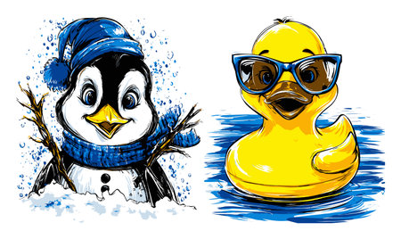 Delight in this charming hand-drawn illustration of a playful penguin and a cheerful duck, perfect for childrens themes, seasonal designs, and vibrant art projects.のイラスト素材