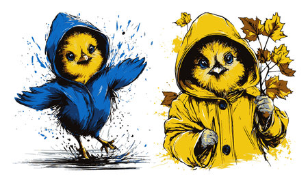 Discover a charming hand-drawn illustration featuring colorful birds in playful jackets, perfect for various creative projects, evoking joy and warmth.のイラスト素材