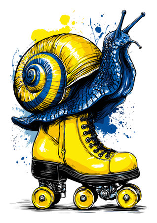 Discover a quirky hand-drawn abstract illustration of a snail atop a vibrant yellow roller skate shoe, blending fun and creativity in art.のイラスト素材