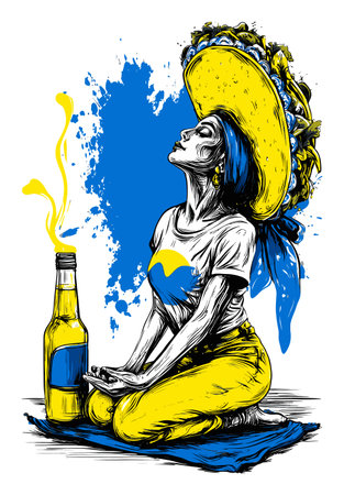 A colorful hand-drawn illustration featuring a woman in a taco-inspired hat, capturing vibrant emotions and a festive spirit, ideal for creative projects.のイラスト素材