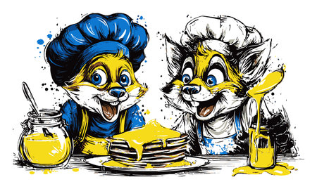 Delight in this charming hand-drawn illustration featuring cheerful animals enjoying pancakes. Vibrant colors and playful expressions bring joy to any kitchen-themed project.のイラスト素材