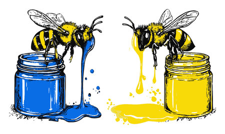 Explore a whimsical hand-drawn illustration featuring bees interacting with vibrant paint jars. The artwork showcases colorful dripping paint, blending creativity with nature.のイラスト素材