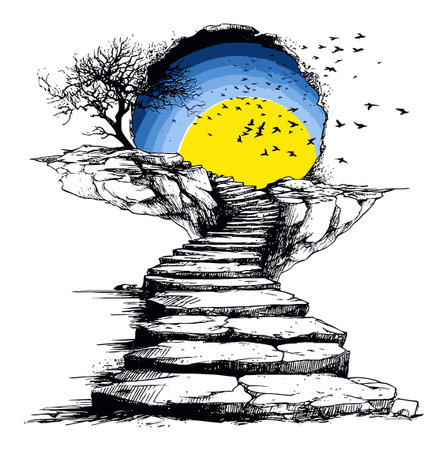 This hand-drawn abstract illustration features a surreal stairway leading toward a vibrant sunlit background, surrounded by trees and birds, evoking a sense of tranquility and exploration.のイラスト素材