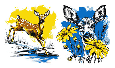 A vibrant hand-drawn illustration featuring a playful deer and bright floral elements. The design combines artistic expression with striking colors.のイラスト素材