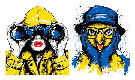 This striking hand-drawn illustration features a vibrant woman using binoculars and a colorful bird, showcasing artistic expression and a modern design approach.のイラスト素材