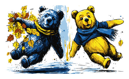 Whimsical hand-drawn bears in autumn attire joyfully play with colorful leaves, capturing the essence of fall fun in a vibrant and playful illustration.のイラスト素材