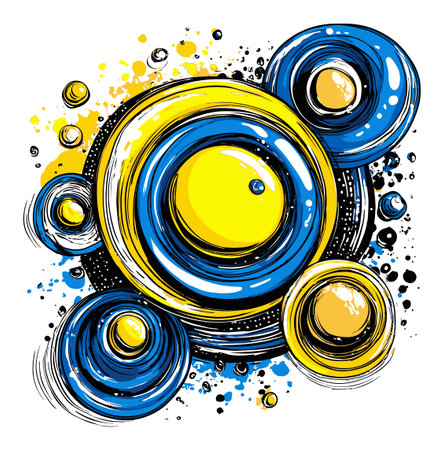 Explore this vibrant hand-drawn abstract illustration featuring bold circles in blue and yellow. It brings a dynamic and playful touch to any design project.のイラスト素材