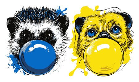 Hand-drawn illustration featuring a hedgehog and a dog with vibrant blue and yellow balls. This abstract art piece showcases playful character expressions.のイラスト素材