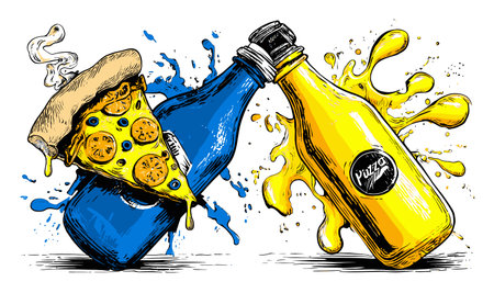 This vibrant hand-drawn illustration depicts a fun pizza slice and colorful beverage bottles in a cheerful toast. Perfect for food and drink themes!のイラスト素材