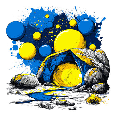 This vibrant hand-drawn abstract illustration showcases a mystical cave with circular blue and yellow elements, creating a captivating artistic landscape. Perfect for creative projects.のイラスト素材