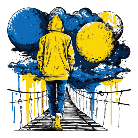 This vibrant hand-drawn illustration captures a figure walking on a bridge towards a colorful, abstract sky filled with moons and clouds, evoking feelings of solitude and imagination.のイラスト素材