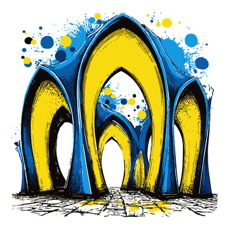 This vibrant abstract hand-drawn illustration features unique architectural arches in blue and yellow, surrounded by colorful splashes, creating a captivating visual experience.のイラスト素材