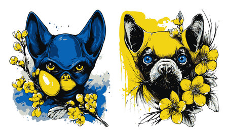This vibrant hand-drawn illustration features a colorful French Bulldog surrounded by artistic floral elements, showcasing unique character and style.のイラスト素材