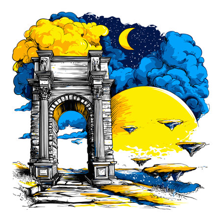 A vibrant hand-drawn illustration featuring an archway amidst surreal clouds and celestial bodies. This artwork blends fantasy and nature with striking colors.のイラスト素材