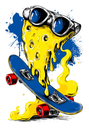 A playful illustration featuring a melting cheese character on a skateboard. The bold colors and quirky design create a vibrant street art vibe, making it perfect for modern youth culture.のイラスト素材