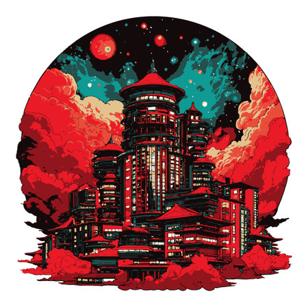 Explore a captivating silhouette of a futuristic cityscape, adorned with vibrant reds and deep blacks. This artistic illustration evokes fantasy and cosmic themes in a striking visual display.のイラスト素材