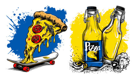 A vibrant hand-drawn illustration showcases a whimsical skateboard pizza and colorful drink bottles, perfect for creative projects, food lovers, and urban designs.のイラスト素材
