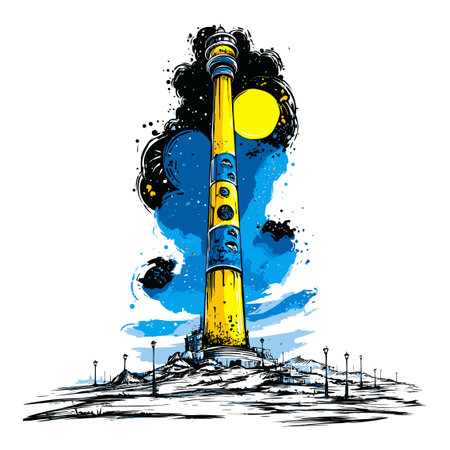 Discover a vivid hand-drawn illustration featuring a striking tower against a bright sun. This unique abstract art piece captures creativity and imagination, perfect for any stylish decor.のイラスト素材