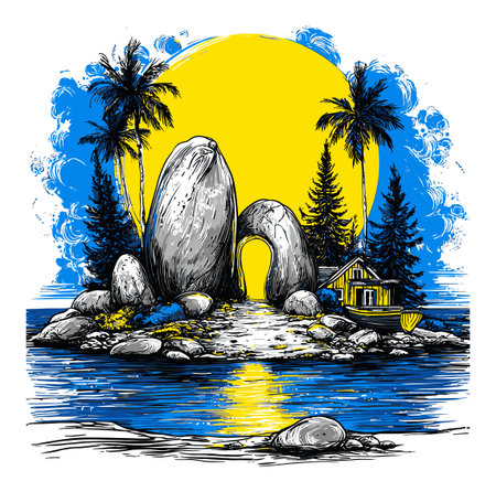 Vibrant hand-drawn illustration featuring a serene coastal scene with rocks, lush trees, and a charming house under a bright sun, perfect for summer themes.のイラスト素材