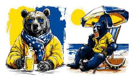 Explore this vibrant hand-drawn illustration of a bear relaxing on the beach, wearing sunglasses and enjoying a refreshing drink under the sun. Perfect for summer themes!のイラスト素材