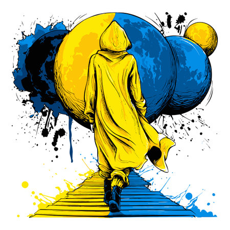 This detailed hand-drawn illustration captures a figure walking toward colorful planets, combining vibrant colors and a whimsical atmosphere, perfect for creative projects.のイラスト素材
