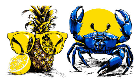 Playful hand-drawn illustration featuring a pineapple wearing yellow sunglasses and a vibrant blue crab. Perfect for a fresh and cheerful design accent.のイラスト素材